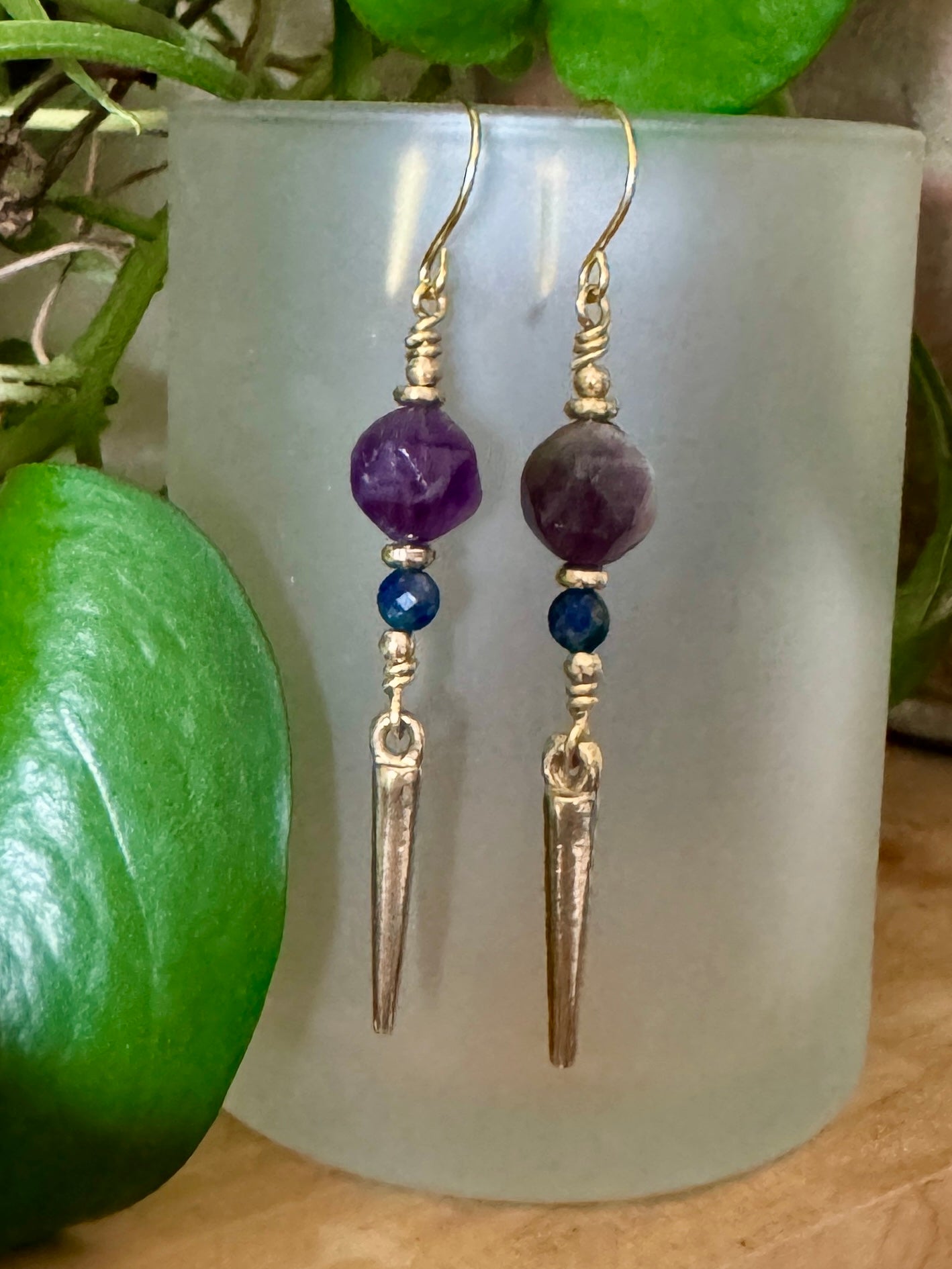 ✨ Amethyst and Lapis Dangles with Brass Spikes