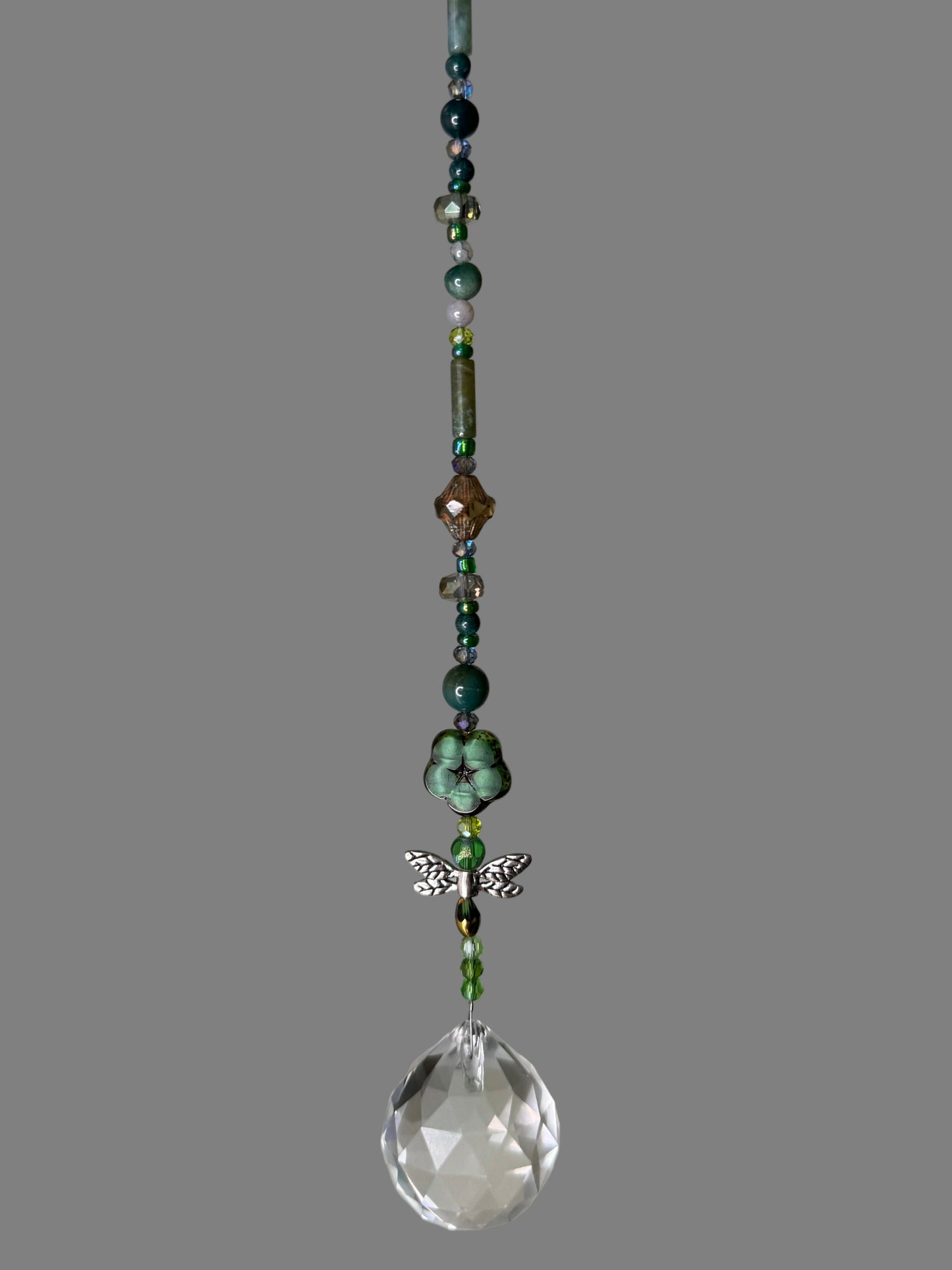 Reiki-Infused Moss Agate Sun Catcher with Dragonfly