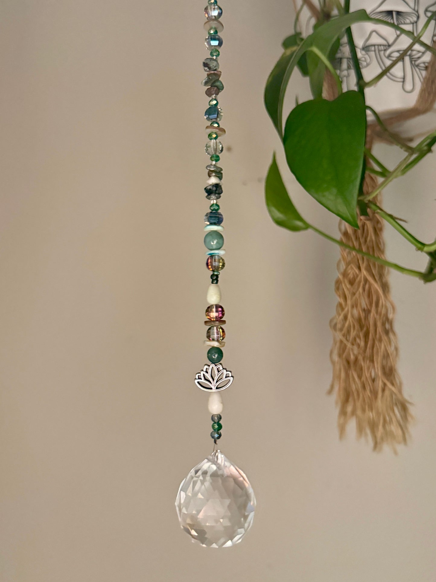 Reiki-Infused Moss Agate Sun Catcher with Lotus