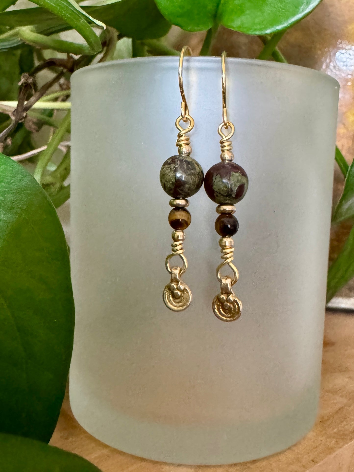✨ Bloodstone and Tiger’s Eye Dangles with Brass Charms