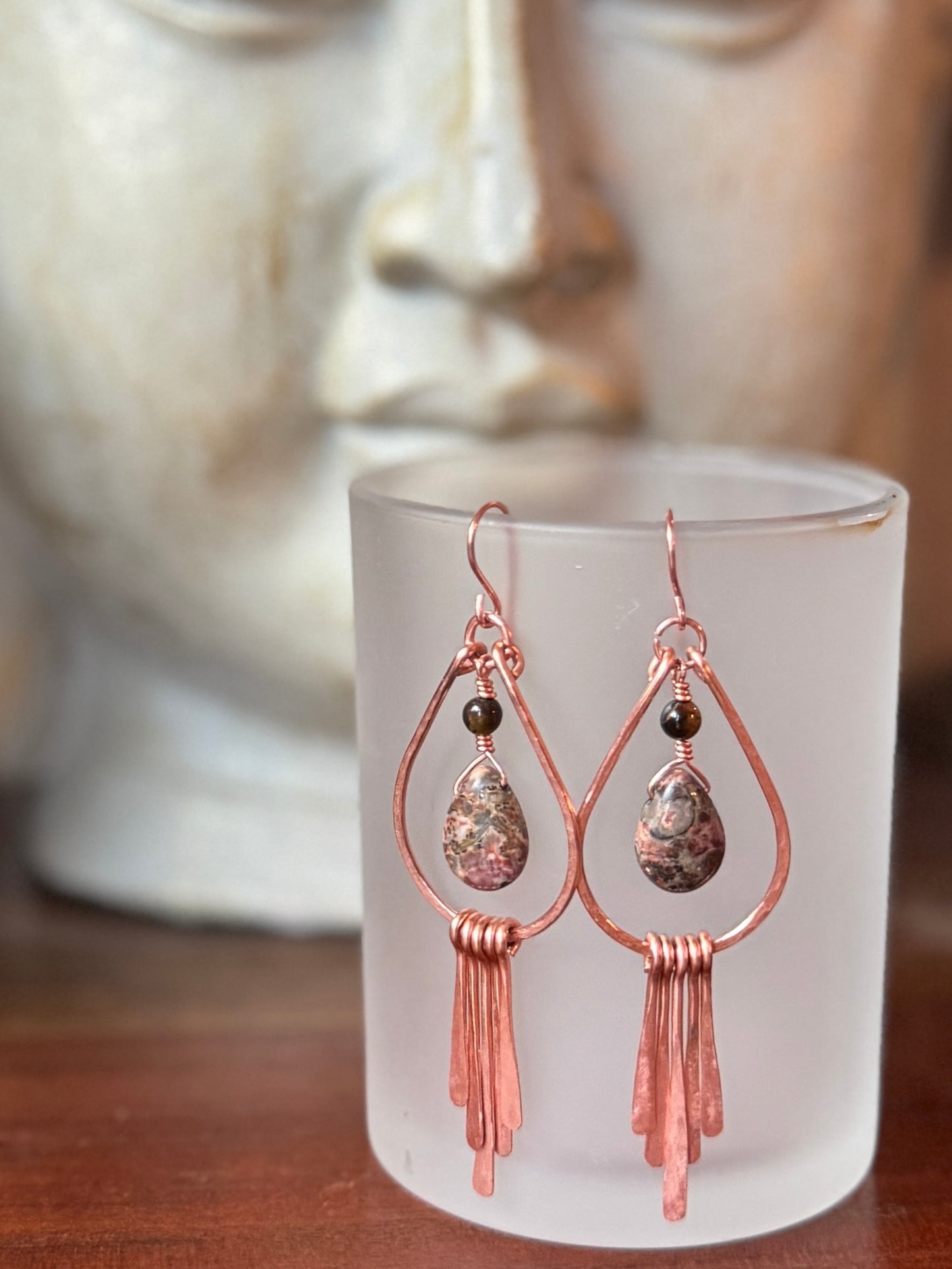 Leopard Jasper & Tiger’s Eye Copper Fringe Earrings
