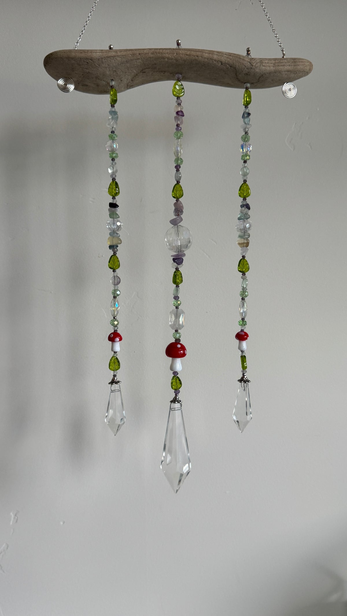 Fluorite and Mushroom Suncatcher on Driftwood 