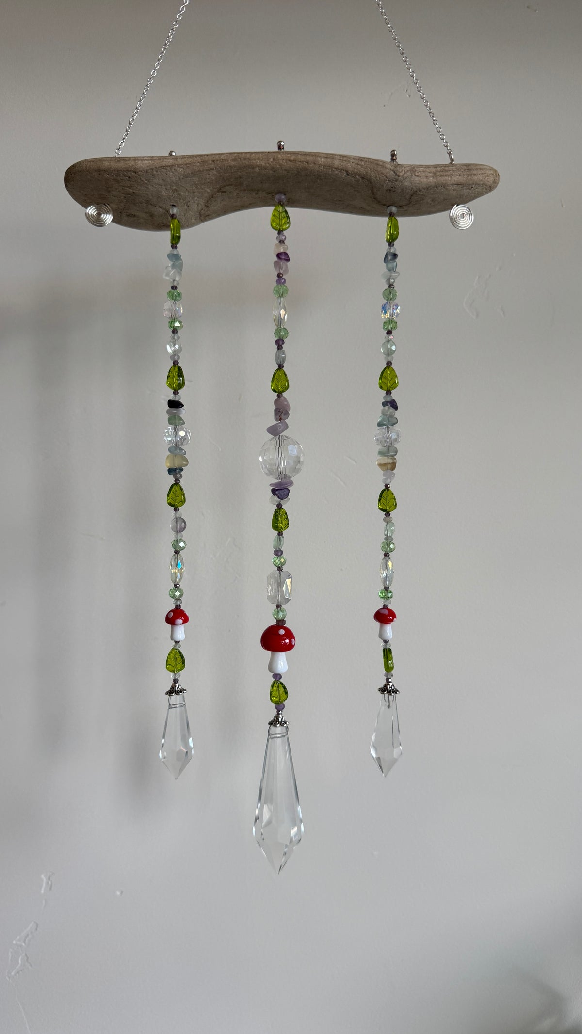 Fluorite and Mushroom Suncatcher on Driftwood 