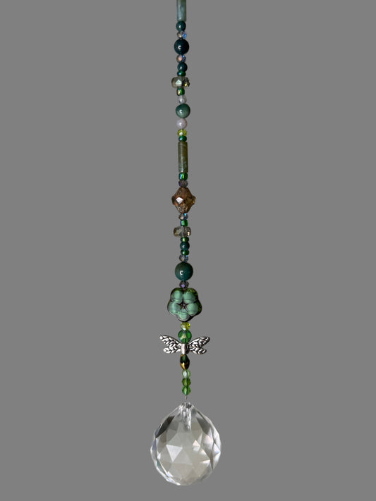 Reiki-Infused Moss Agate Sun Catcher with Dragonfly