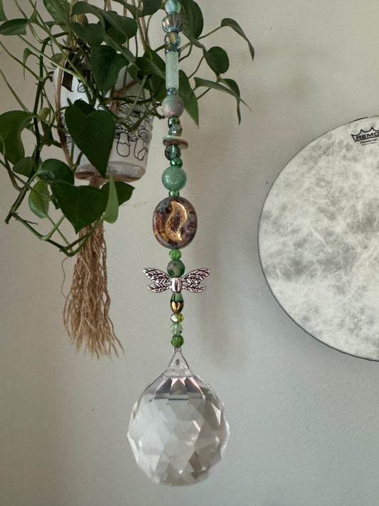 Green Aventurine & Dragonfly Prism Sun Catcher - Reiki Infused