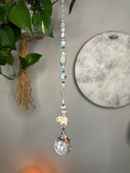 Amazonite & Clear Quartz Reiki-Infused Sun-Catcher with Elephant