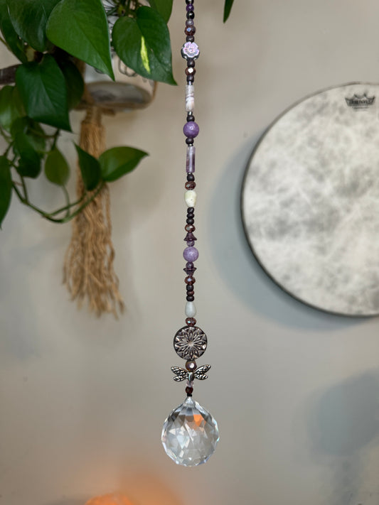 Reiki Infused Sun Catcher with Amethyst, Lepidolite & Dragonfly