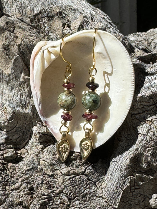 African Turquoise Jasper & Garnet with Brass Leaf Earrings