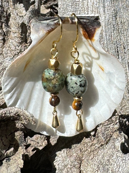 African Turquoise Jasper Earrings with Tiger's Eye and Brass Teardrops