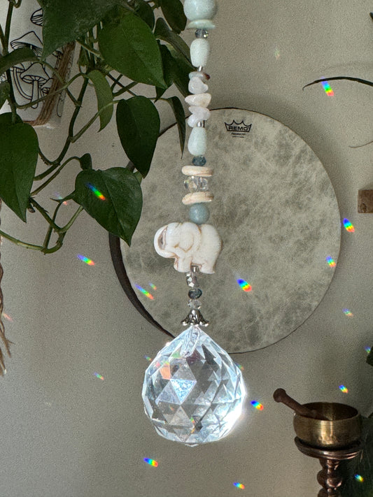 Amazonite & Clear Quartz Reiki-Infused Sun-Catcher with Elephant