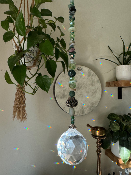 Reiki-Infused Moss Agate Sun Catcher with Lotus