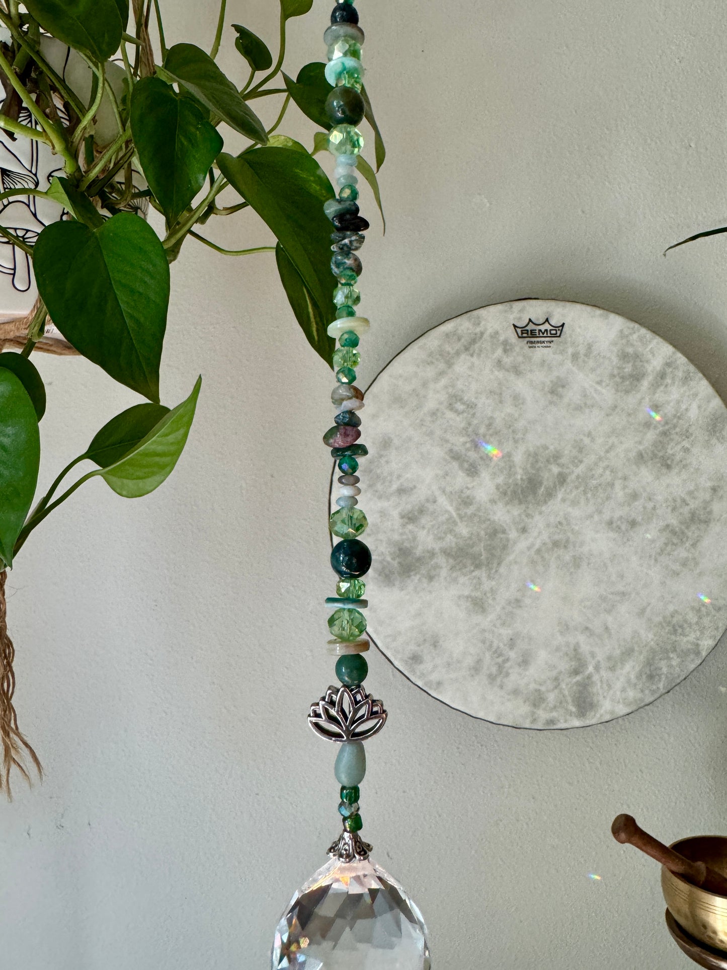Reiki-Infused Moss Agate Sun Catcher with Lotus