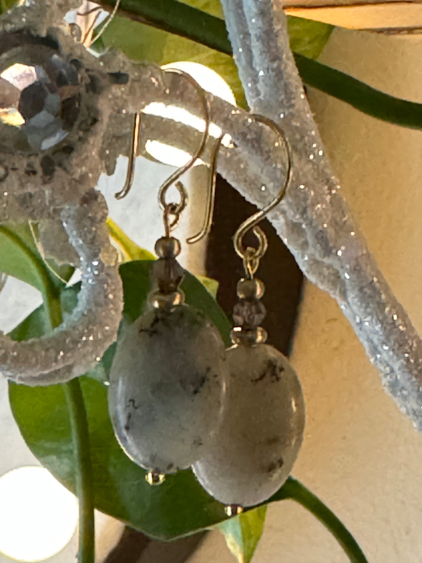 Labradorite Earrings with Purple Czech Glass & Brass Hooks Reiki Infused