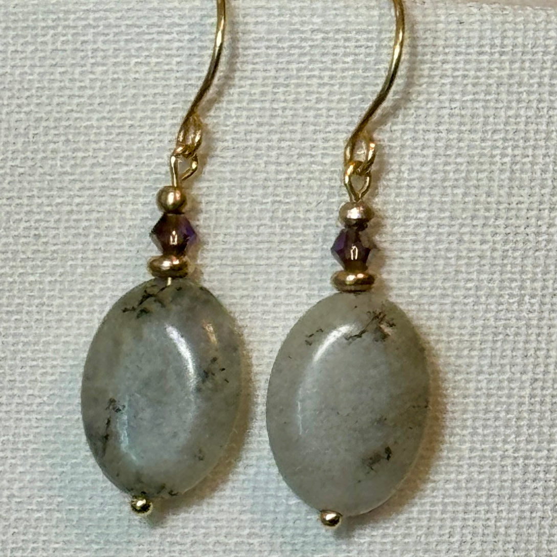 Labradorite Earrings with Purple Czech Glass & Brass Hooks Reiki Infused
