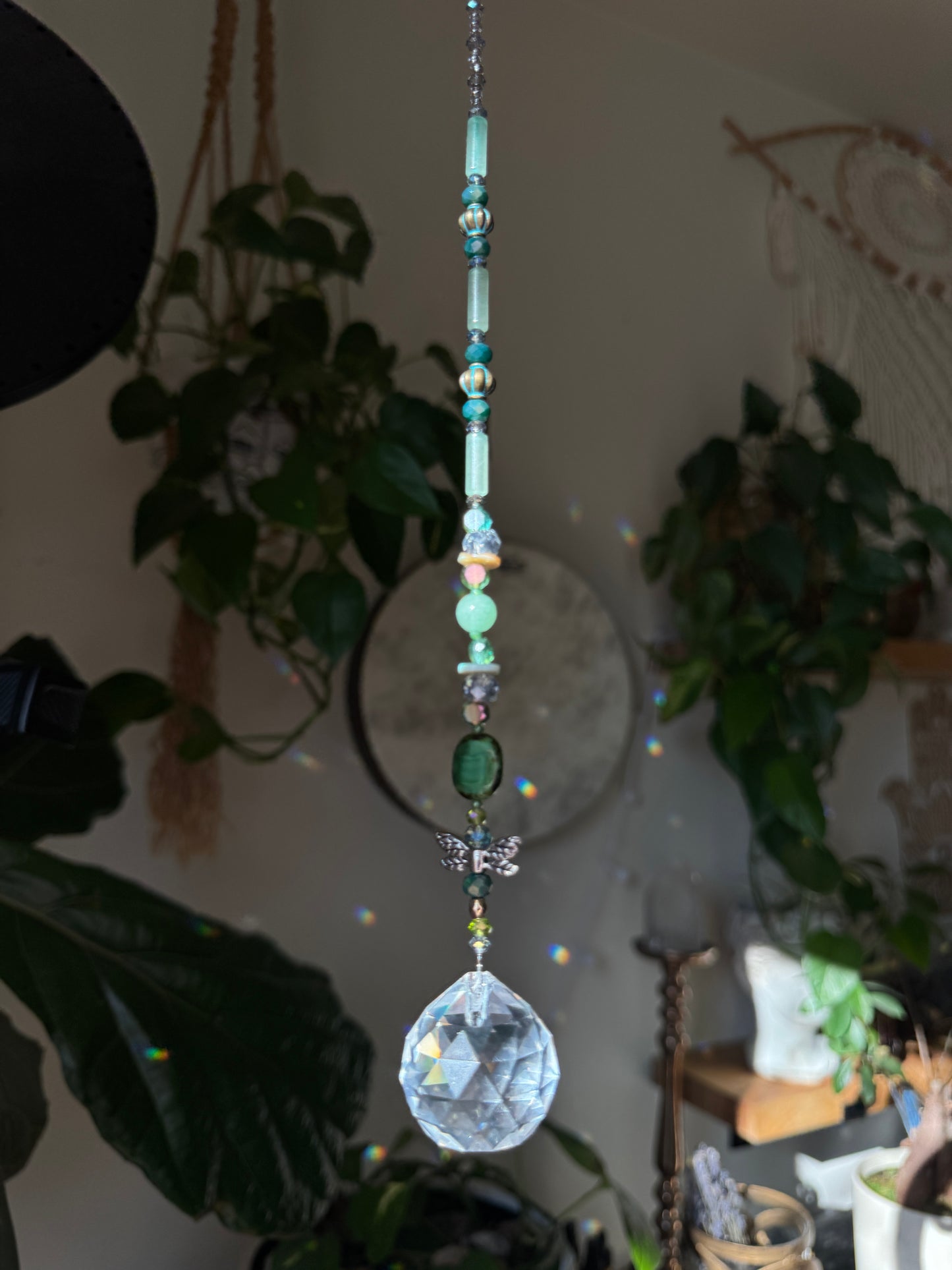 Green Aventurine & Dragonfly Prism Sun Catcher - Reiki Infused