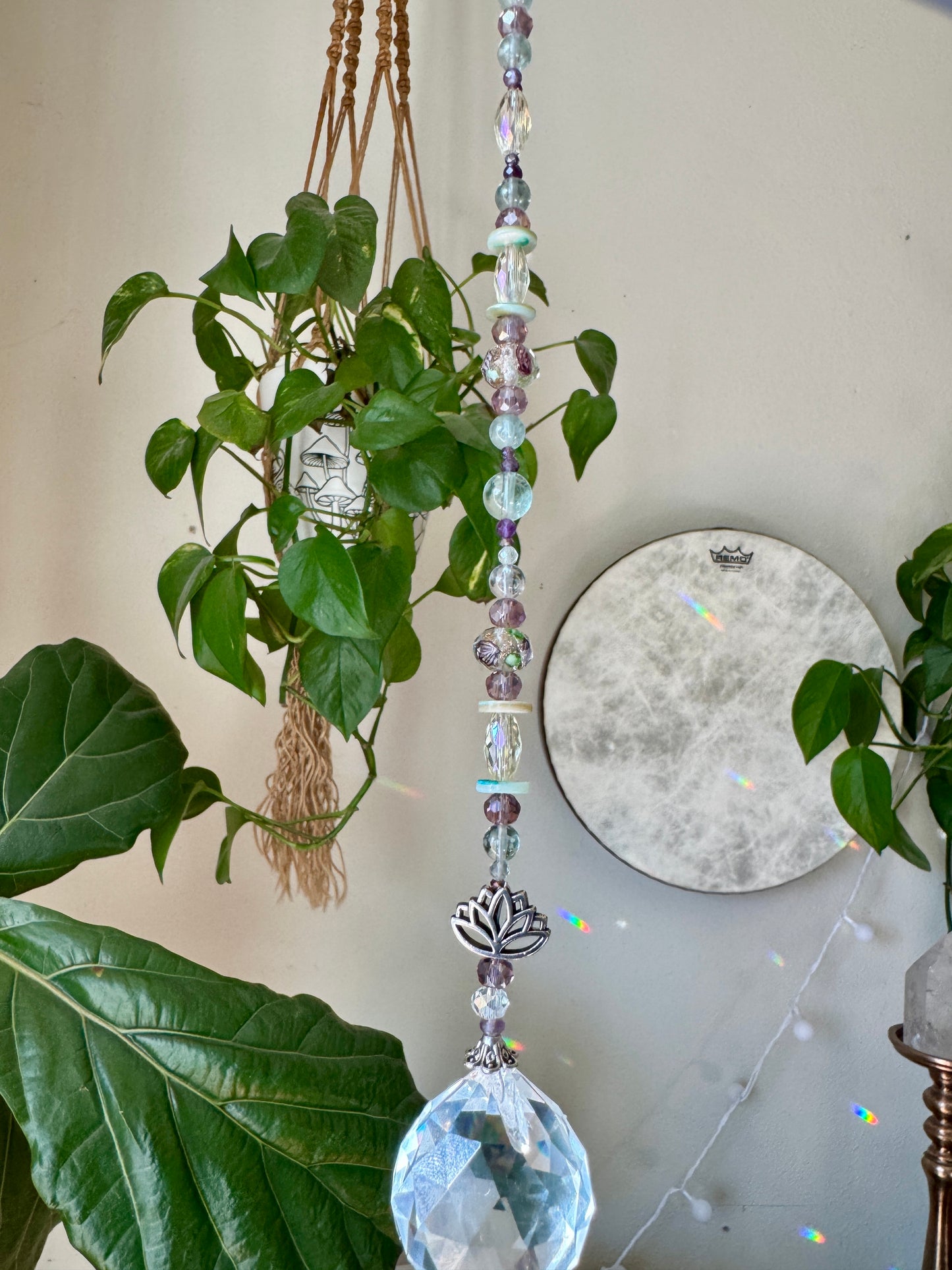 Fluorite Sun Catcher with Lotus Charm ✨ Crafted under the Pink Full Moon in Libra - Reiki Infused
