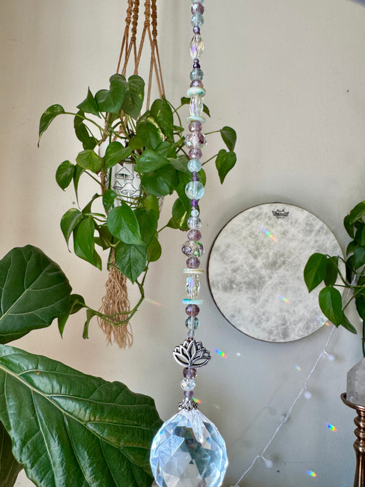 Fluorite Sun Catcher with Lotus Charm ✨ Crafted under the Pink Full Moon in Libra - Reiki Infused